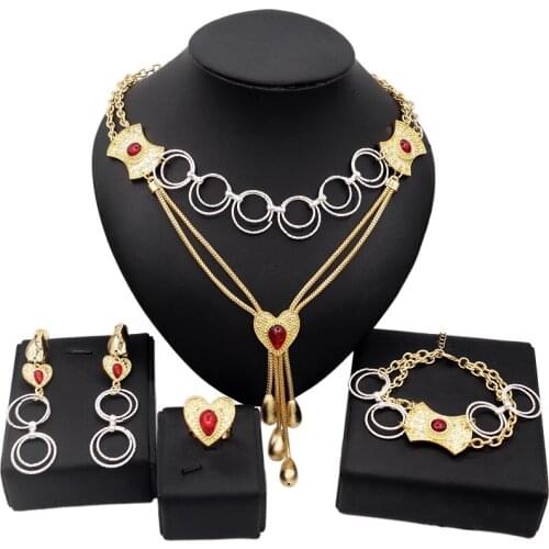 Yulaili Fashion Wedding Heart Shape Necklace Dangle Earrings Charm Bracelet Ring 2020 Trendy Crystal Dubai Gold Jewelry Sets