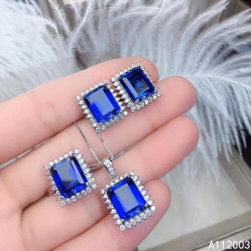 KJJEAXCMY Fine Jewelry 925 sterling silver inlaid natural sapphire female ring pendant earring set beautiful supports test
