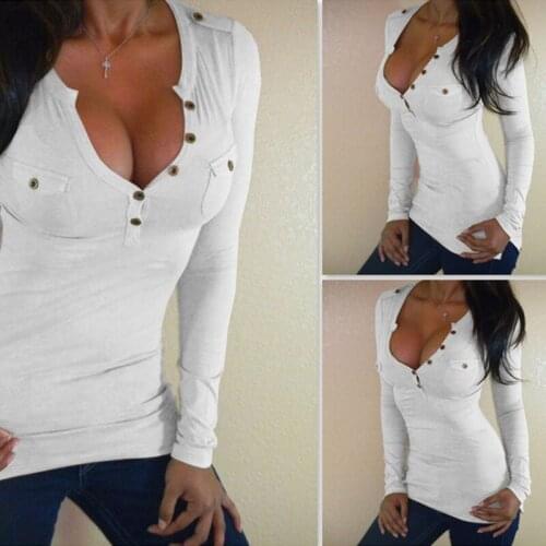 Fashion 2021 Solid Color Woman Top Tee Buttons V-Neck Long Sleeve T Shirts for Women Fall New Casual Undershirt Female Tops