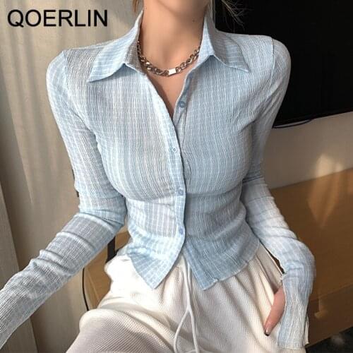 QOERLIN Solid Skinny Chiffon Shirts Women Turn-Down Collar Long Sleeve Green Shirts Sexy Single-Breasted Button Shirts Plus Size