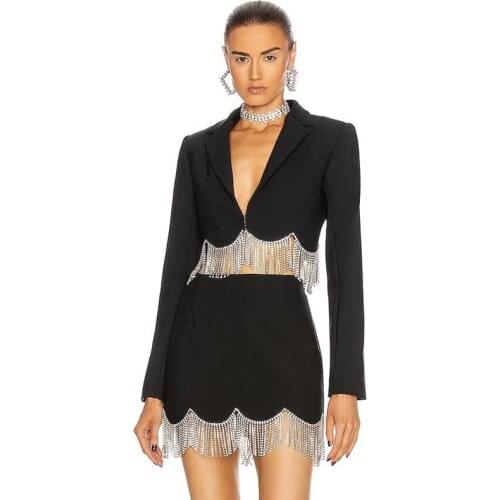 Free Shipping New Black Long Sleeve V-Neck Rhinestone Coat Top&Skirt Fashion Sexy Two-Piece Suit Celebrity Party Sets