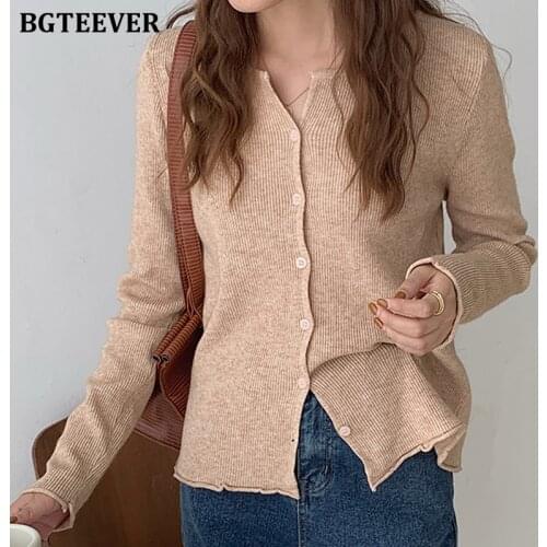 BGTEEVER Simple Solid O-neck Women Sweaters Tops 2021 Autumn Winter Full Sleeve Single-breasted Female Knitted Cardigans