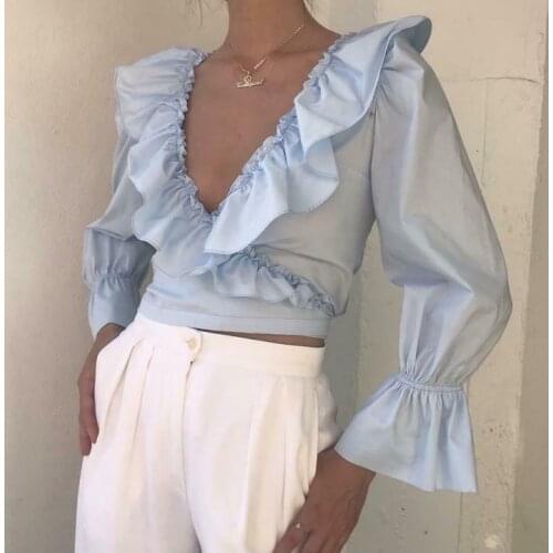 Fashion Women Crop Tops Sexy V-neck Long Sleeve Ruffled Blouse Slim Fit Casual Solid Blusas Shein Womens Tops and Blouses
