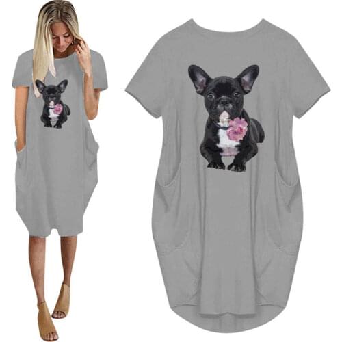 Black French Bulldog Peony Frenchie Love Print Women Summer Short Sleeve Dress With Pocket Ladies O Neck Female T Shirt Dress
