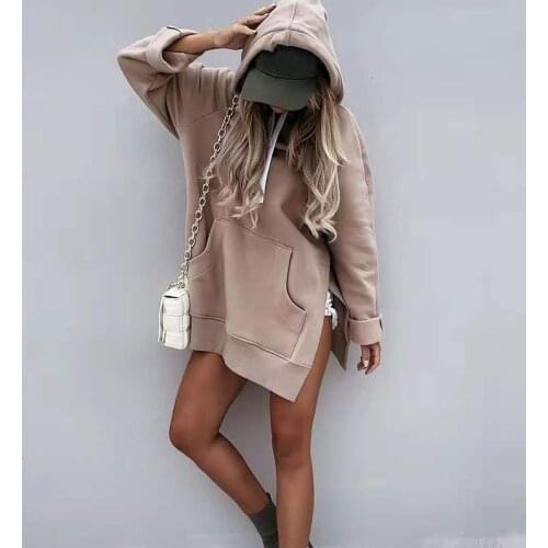 Women Casual Hooded Sports Dress Fashion Drawcord Split Solid Dress Autumn Long Sleeve Pocket Loose Sweatshirt Dress Streetwear