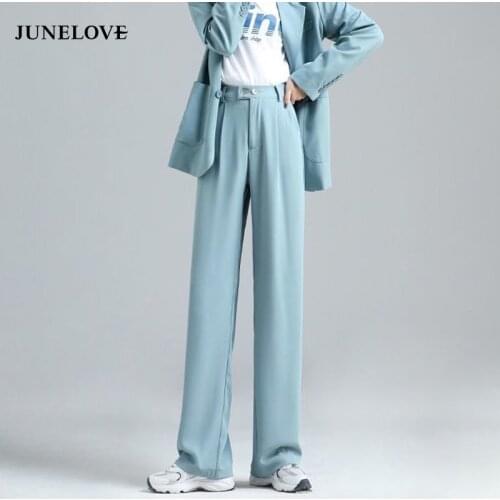 JuneLove Summer Cool Pants Wide Leg Pants Women Elastic Waist Pants Elegant Office Ladies Blue Long Trousers Vintage Street Pant