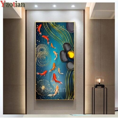 DIY 5D Diamont Mosaic Diamond Painting Nine Koi Fish Black Stone Diamond Embroidery Cross Stitch Chinese feng shui pictures
