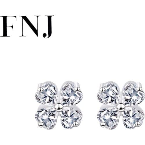 FNJ Clover Earrings 925 Silver Jewelry Original Pure S925 Sterling Silver Stud Earring for Women White Zircon
