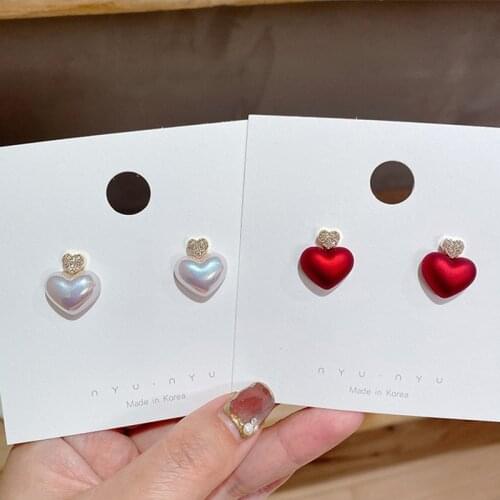 Korean 2021 Heart Shape Earrings for Women Couple Earrings White Red Color Gold Metal Jewelry Simple Studs Earring
