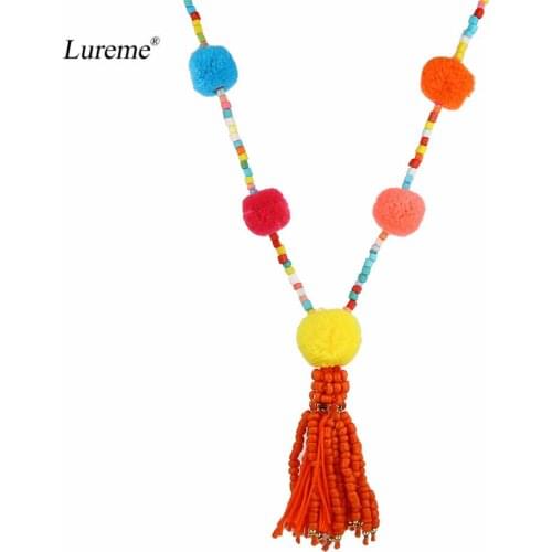 Lureme Bohemian Handmade Colorful Pom Pom Long Beaded Chain Tassel Necklace for Women Girl (nl005629)