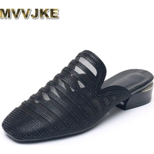 MVVJKE2020 summer women slippers no toes square heel lady sandals fashion mesh rhinestone female lazy slippers big size 35-43