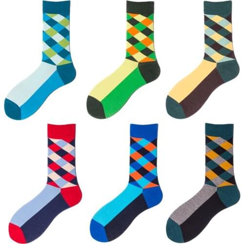 Sell mens long tube cotton socks geometric color thick striped socks rainbow striped mens and womens socks