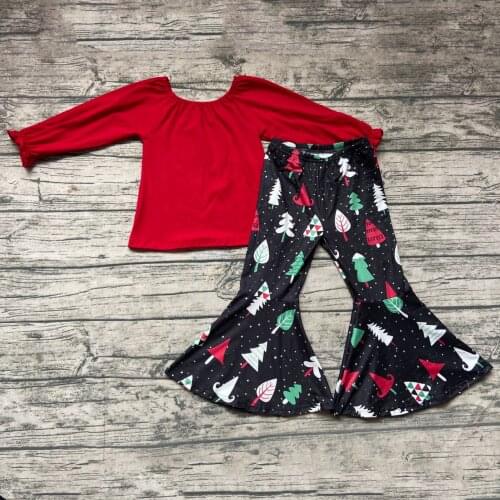 New Christmas Style Red Long Sleeve Cotton Top Christmas tree print flare pants Baby girl boutique clothes