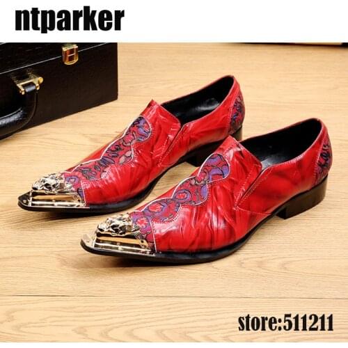 Ntparker Brand Italian fashion mens genuine leather shoes sales Red pointed Iron toe business office red designer Wedding Menmen