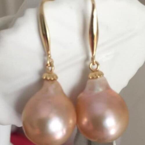 Charming a pair of natural south sea baroque gold pink pearl earring 14k