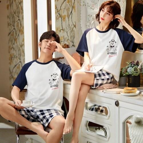Pajamas For Couples Summer Fashion Plaid Shorts Couple Cotton Patchwork Short Sleeve Homewear Cartoon Bear Kawaii Girl Sleepwear
