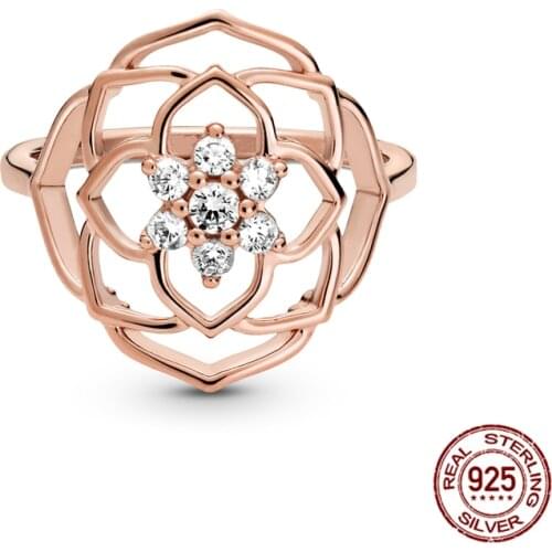 Authentic 925 Sterling Silver Rose Petal Decoration Ring Zircon Jewelry For Women Wedding Gift CMR098
