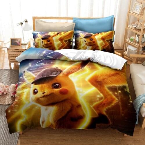 Pokemon Duvet Cover Set Two/Three Piece Bedding Sets Detective Pikachu Quilt Cover 3D Digital Printing Popular Bed Comforters
