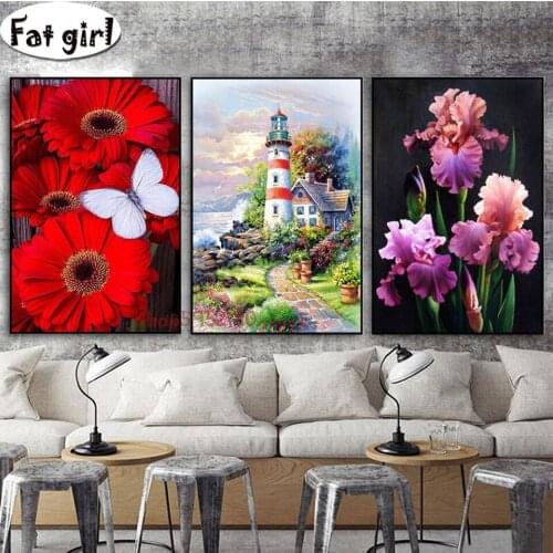 Full Square Round Diamond Painting Iris Sun Flower Fort Tower 3 Piece Needlework Embroidery Handmade Mosaic Gift Triptych