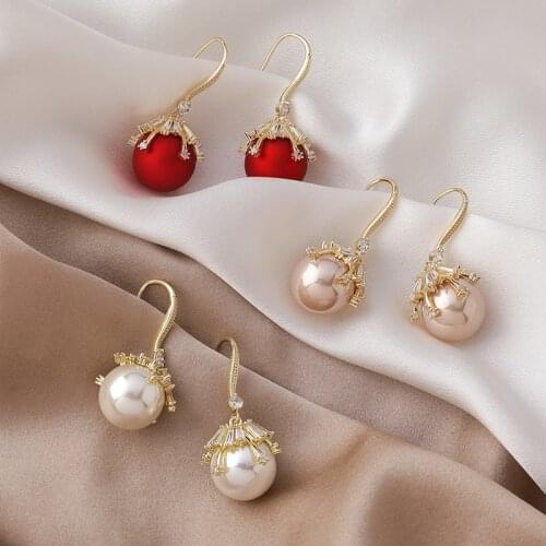 Origin Summer French Vintage Simulation Pearl Hook Earring for Women Shiny Cubic Zircon Gold Metallic Dangle Earring Jewelry