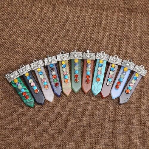 Seven Chakras Sword Shape Crystal Quartz Hexagonal Prism Pendant Wholesale Pillar Charms Pendants for Jewelry Making
