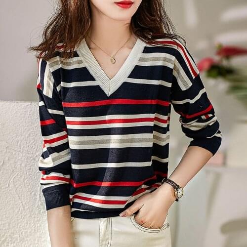 Shintimes Striped Pullovers Sweater Elastic V-Neck Sweters Women 2021 Spring Fall Long Sleeve Korean Woman Clothes Pull Femme