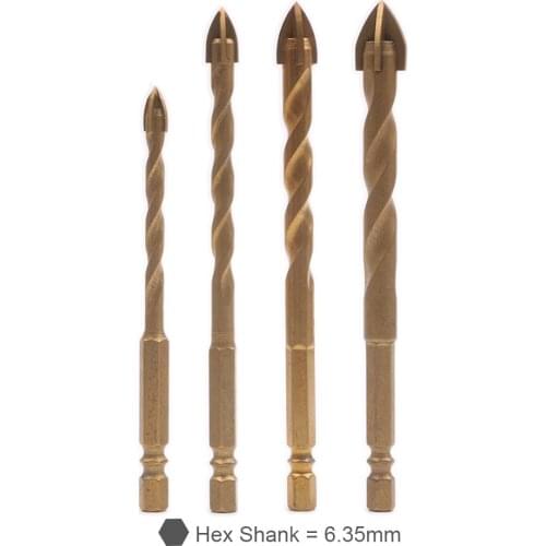 Extended Titanium Coated 1/4" Hex Shank Ceramic Tile Marble Glass Drill Bit Cross Spear Head 6/8/10/12mm