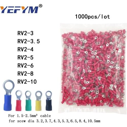 1000PCS/pack ring crimp insulation terminal RV2-3 RV2-4 RV2-5 RV2-6 RV2-8 RV2-10 for 1.5-2.5mm2 wire cable connector