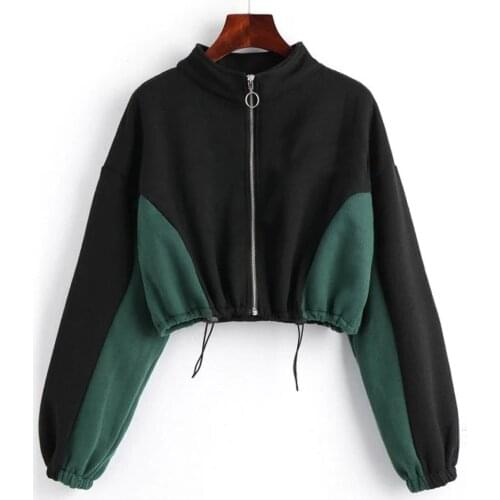S-XL Women Dark Green Block Stitching Crop Hoodie Round Neck Zipper Long Sleeve Corset Top Trendy Cool Streetwear Sweatshirt