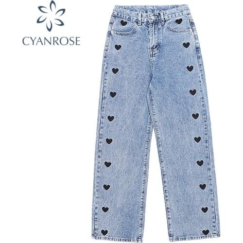 2021 New Spring Vintage Wide Leg Jeans Woman Long Denim Trousers Cowboy Female Loose Korean Streetwear Heart Flower Print Pants