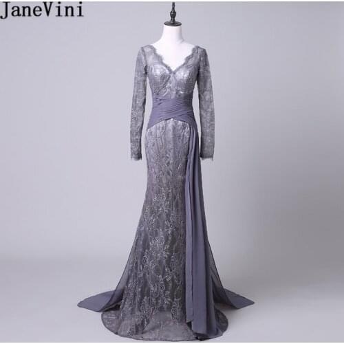 JaneVini Saudi Arabia Lace Mother of The Bride Dresses With Sleeve Mermaid See Through Sexy Deep V Neck Floor Length Robe Soiree