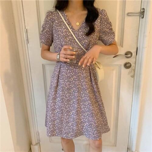 Flower Floral Women Venetian V-Neck Short Mini Dress Elegant Tunic Short Puff Sleeve Slim A-line Dress for Casual Dating