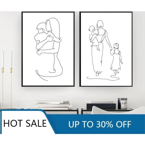 Mother and Daughters Son Line Drawing Wall Art Canvas Painting Posters Abstract Minimalist Print Modern Room Decor Pictures