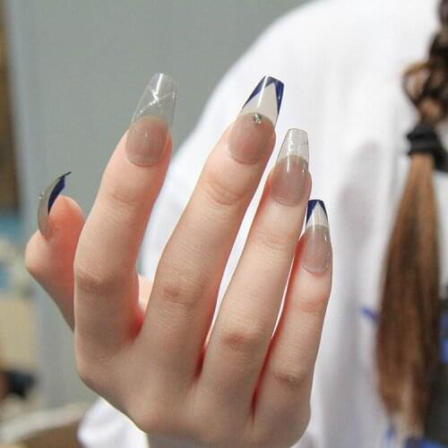 24pcs False Coffin Nails Patch Glue Type with Diamond Long Paragraph Fashion Manicure Patch False Nails Save Time Nail Patch NE