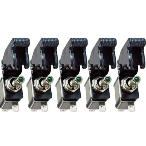 5Pack 12V Carbon Fiber Green LED Rocker Toggle Switch SPST Control ON/OFF Car