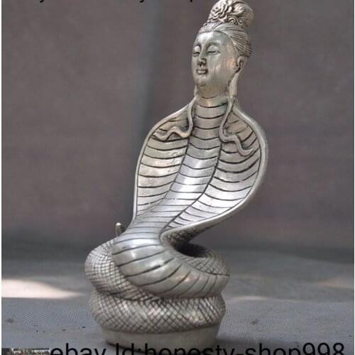 7"old Tibet Tibetan silver Buddhism snake Naga Serpent Bodhisattva Buddha statue