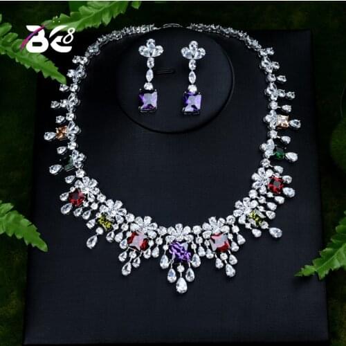 Be 8 Newest Luxury Sparking Brilliant AAA CZ Flower Shape Necklace Earrings Wedding Bridal Jewelry Sets Dress Accessories S391