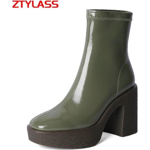 2021 Patent Leather Platform Women Shoes Fashion Slip On Square High Heel Ankle Boots Ladies Round Toe Autumn Winter Short Boots