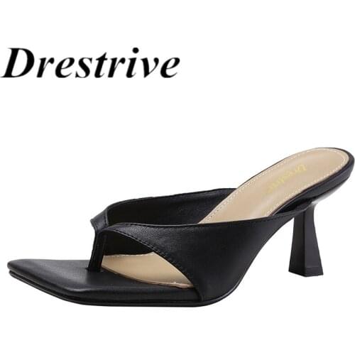 Drestrive Flip Flops Square Toe Full Genuine Leather 2021 Summer Thin High Heel Shoes Black Slippers Fashion Women Sandals