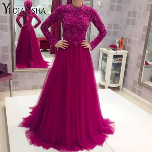 An105 2020 Elegant Muslim A-Line Evening Dress Luxury Lace Formal Party Length Gown Robe De Soiree Evening Dress Custom-Made