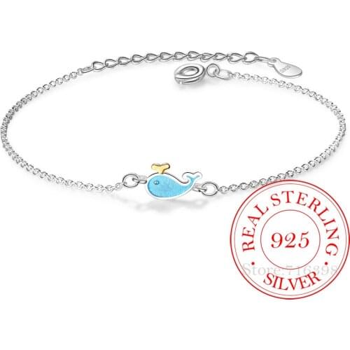 Blue Small Whale Charm Bracelet 925 Sterling Silver For Women Cute Animal Dolphin Link Chain Jewelry Dropshippng