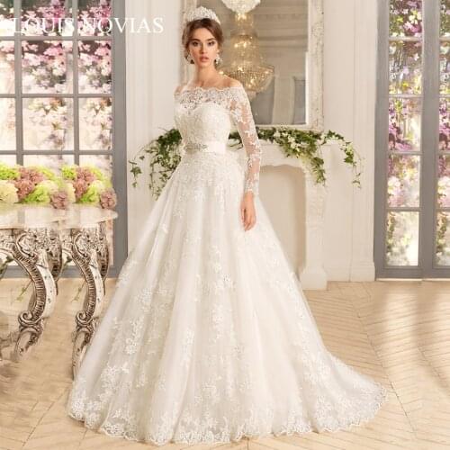 Louis Novias Exquisite Embroidery Invisible Neckline Deep V-neckline Appliques Crystal Sashes Wedding Gowns Lace Up Full