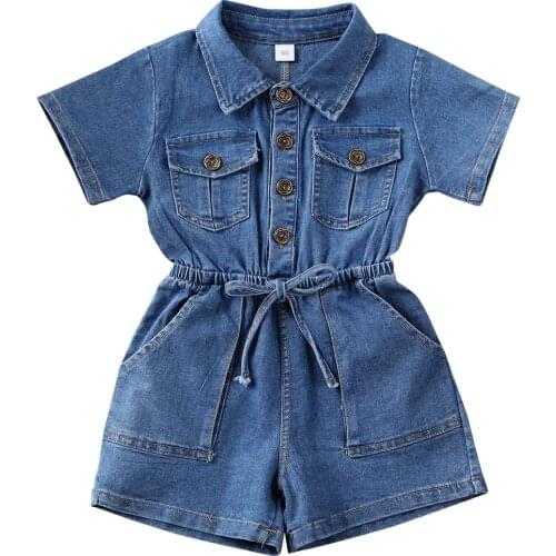 Pudcoco 0-4 Years Toddler Kids Baby Girls Denim Romper Short Sleeve Turn-down Jumpsuit Playsuit Shorts Pants Casual kids Outfits