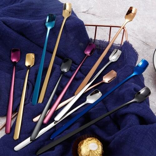 Stainless Steel Korean Long-handled Spoon Gold-plated Square Head Ice Spoon Coffee Stir Spoon Creative Lovely Dessert Spoon