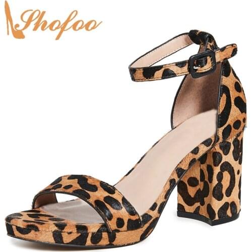 Brown Leopard Ankle Buckle Strap High Chunky Heels Platform Sandals Woman Large Size 11 13 For Ladies Summer Drees Shoes Fashion
