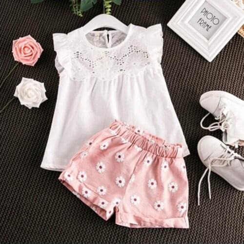 Summer Kids Baby Girl Clothes Solid Color Ruffles Hollow Short Sleeve Top Loose Stretch Flower Shorts Two Piece Set