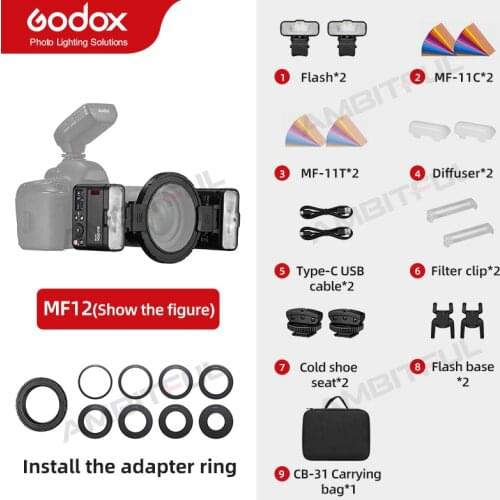 Godox MF12 Macro Mini Flash Speedlite built-in Godox X System TTL Flash + Color Filter Diffuser for Macro Shots