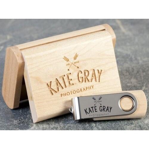 ODM OEM Custom Wedding Photography Encord LOGO Wooden Clip + Box USB 2.0 Version memory flash stick pen drive