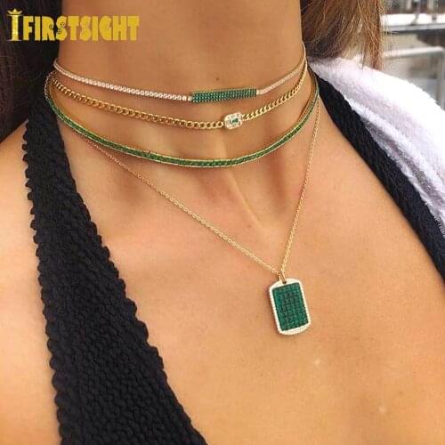 New Bezel Setting Baguette 4mm Cubic Zirconia Tennis Chain Choker Gold Color Square Rainbow Green CZ Necklace For Women Jewelry