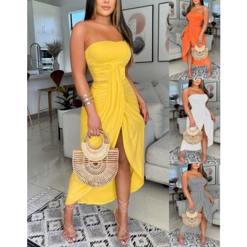 Hot summer dresses for women 2021 off shoulder chest wrapped solid high slit dress with tucked waist plus size women clothing